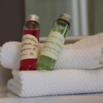 Shower gel, Shampoo and a locally made artisanal soap provided for your convenience in your bathroom at La Belle Demeure Bed and Breakfast. In the heart of the Périgord Noir, Dordogne near to Sarlat. Pleasantly furnished en-suite guestrooms with comfortable beds, covered with 100% cotton Seersucker linen. Bedrooms. Table d'hôtes Evening Meal and Swimming Pool. For our nightly tariff, please look at our website.